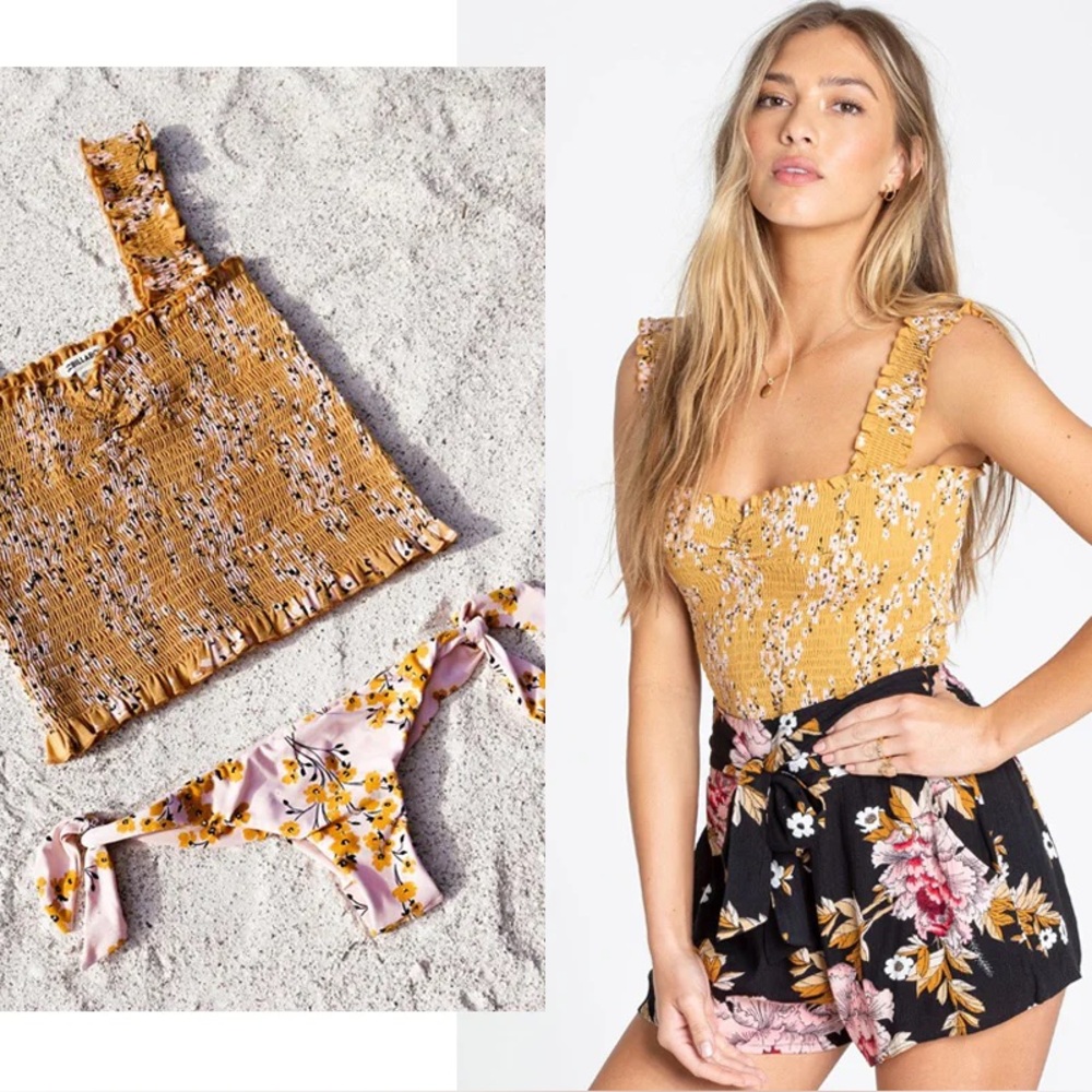 Billabong Cropped Floral Ruffle Strap Top